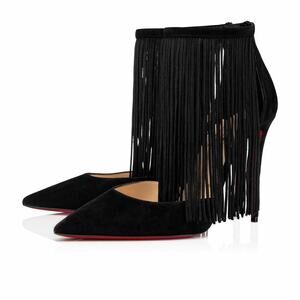 Christian Louboutin Courtain 100 Black Fringe Ankle Strap Sandal Heel Pump 36